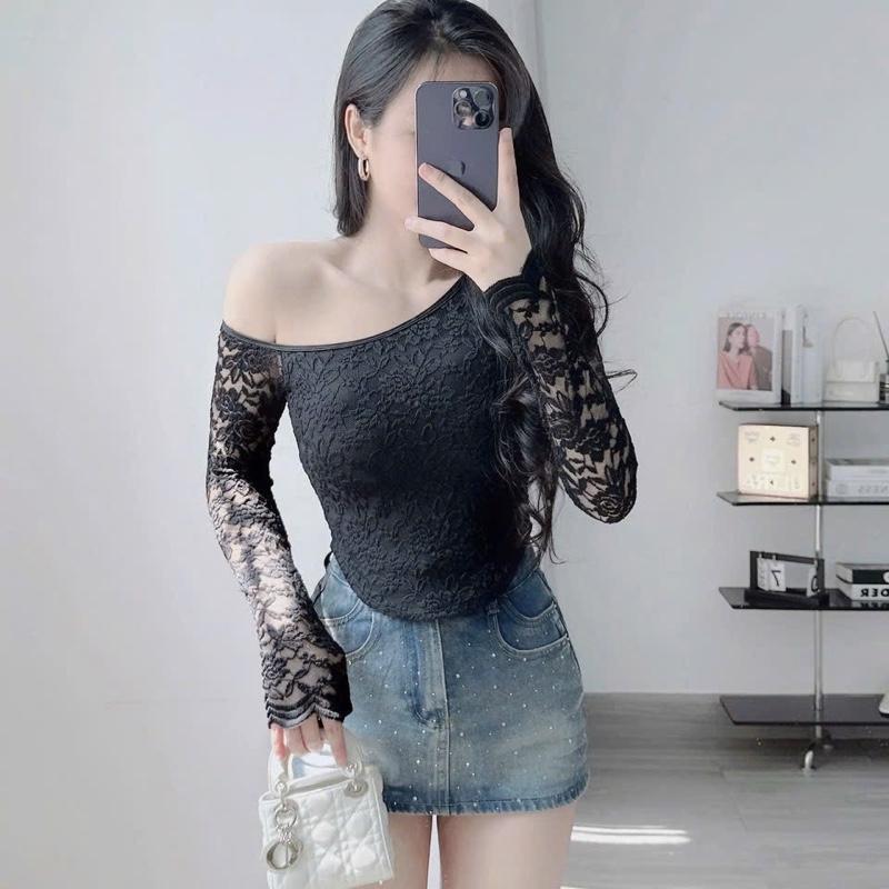 Áo Thun kiểu trễ vai ren lưới có lót trong 2 lớp tay Tay dài ôm body Women Nhung Kem Tím Jean Voi Tim