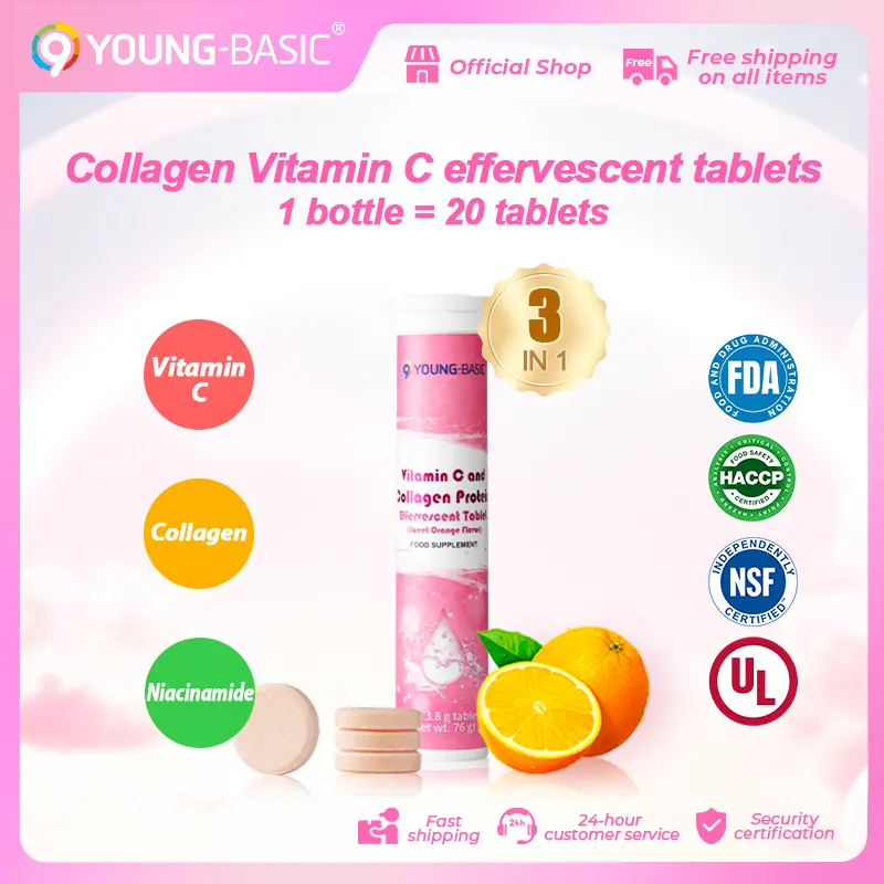 9YOUNG-BASIC FDA certified collagen and vitamin C effervescent tablets 1 bottle, total 3.8g x 20 tablets, 1 tablet contains collagen 38mg，vitamin C 7.6mg，nicotinamide 2mg, Supplement collagen, vitamin C and nicotinamide | Scientific proportion | Easy abso