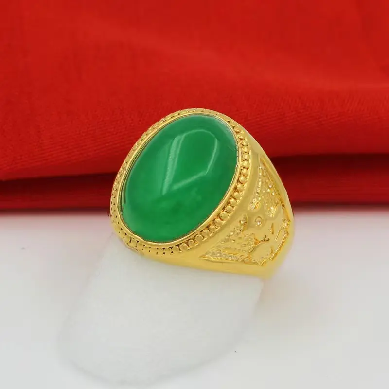 Cincin Pria Adjustable Batu Hijau Ring Emas Aluvial Tampilan Mewah Elegan Aksesoris Pria -MBJ9-1