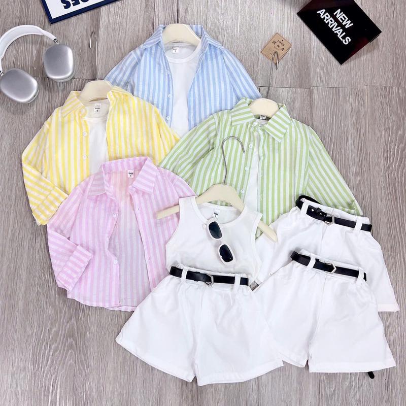 S1606 - KÈM KÍNH, KÈM DÂY LƯNG - Set áo sơmi kẻ + áo ba lỗ + quần sooc trắng (5 chi tiết rời) dành cho bé gái 9-32 kg
