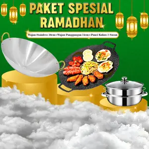 (SS) Paket Super Lengkap Wajan Stainless Steel 30cm + Wajan Panggangan 34cm Anti Lengket + Panci Sup Kukus 2 Susun