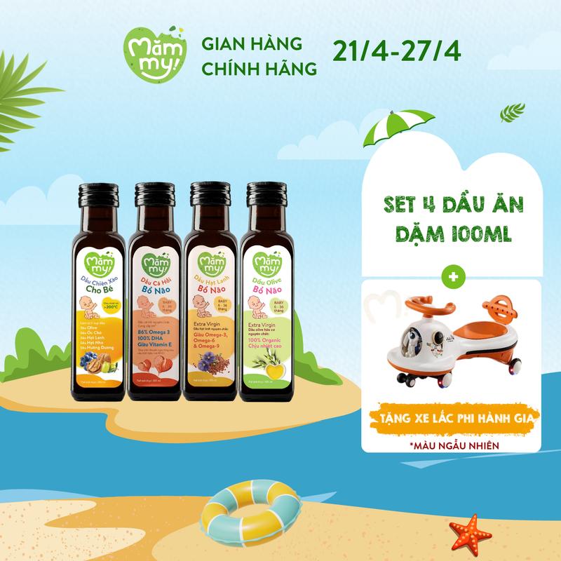 [Tặng XE LẮC PHI HÀNH GIA]  Combo 4 chai Dầu ăn dặm bổ não Mămmy (cá hồi Nauy, hạt lanh Trung Đông, olive Ý, chiên xào) giàu DHA, Omega, Chai 100ml Cho Bé Vitamin