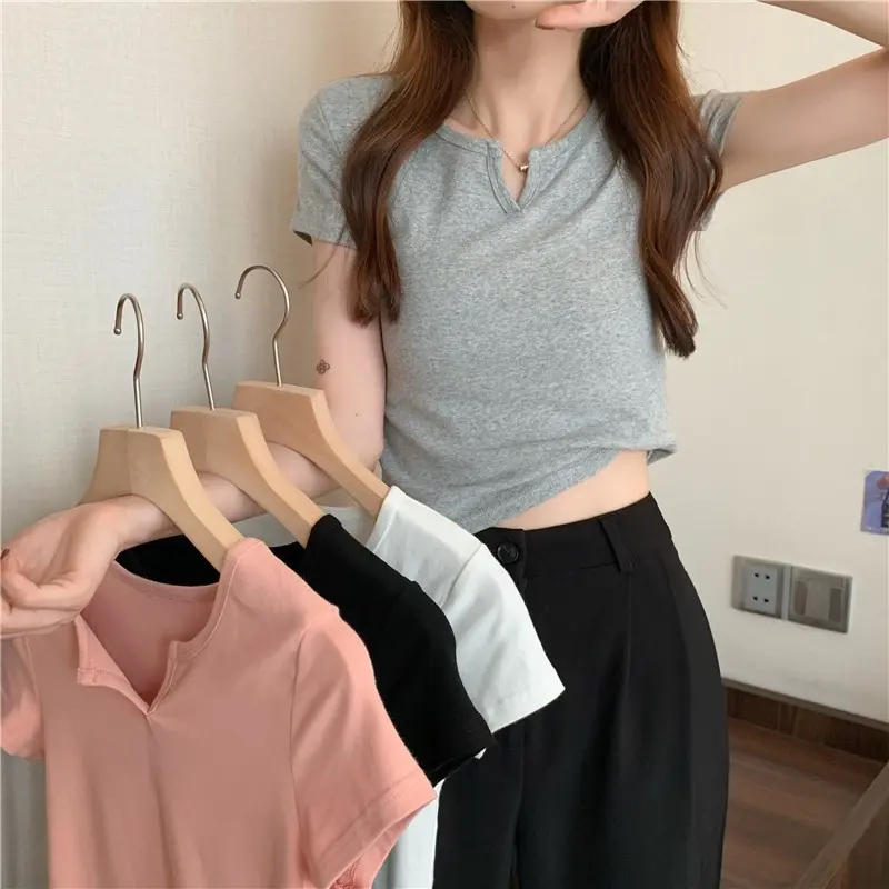 Y2k Summer T Shirt Women O-neck Korean Fashion Slim Crop Top V-Neck Hot Short-Sleeve Tee Shirt Sexy Vintage Kpop T-shirts Womam