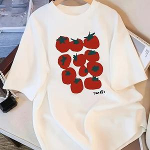 女性用半袖Tシャツ、キャラクター柿プリントラウンドネック、ゆったり、純綿カジュアルトップス、ラウンドネック、ショルダーベルト、ゆったりシルエット、通気性、肩落ちデザインプリントTシャツ夏のゆったりタイプ