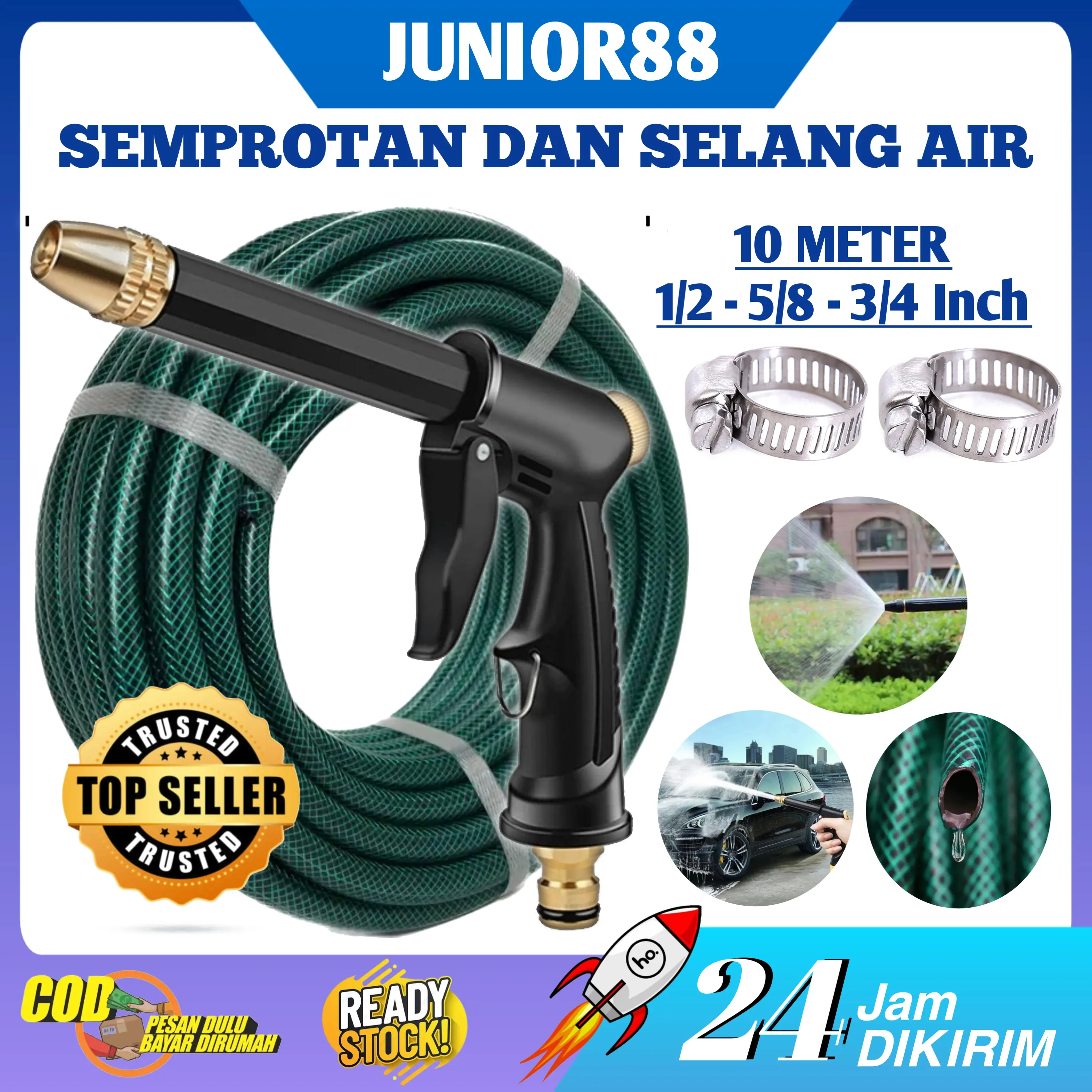 Sepaket Alat Cuci Motor Mobil Semprotan Air Hose Nozzle Kepala Selang Air 1/2 5/8 3/4 Inch Panjang 10 Meter