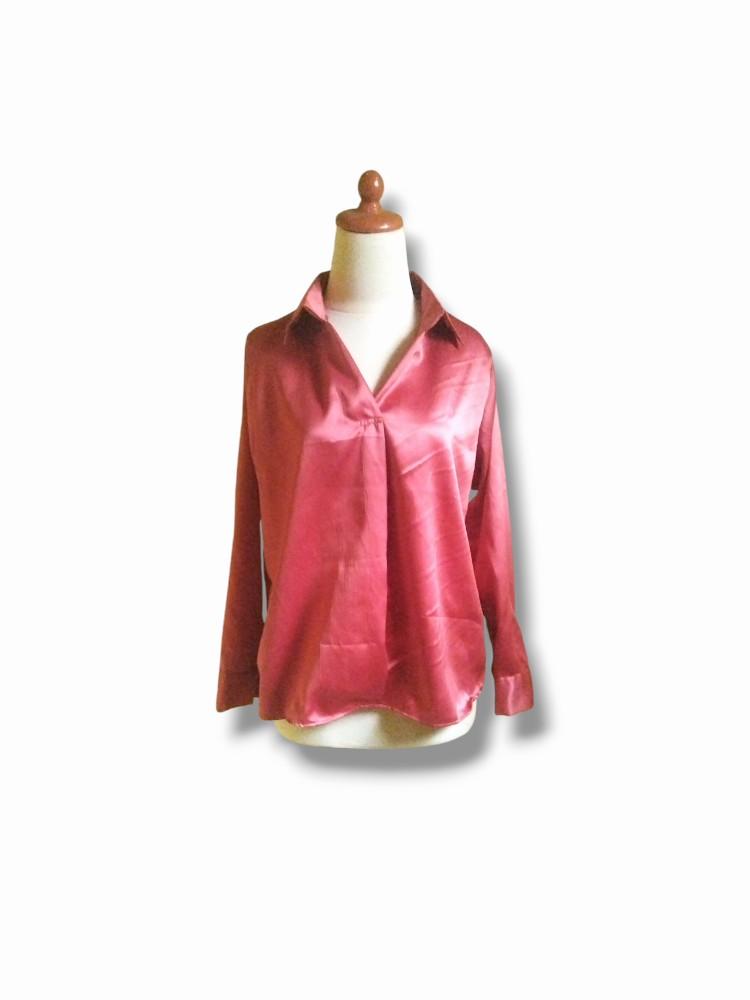 Product Introduction of Satin Blouse V-neck  Top Baju Atasan  Wanita Formal Satin Top Kantor Blouse Kerah  Kemeja  Kerja Wanita Tangan Panjang Mewah Nyaman Kancing 13