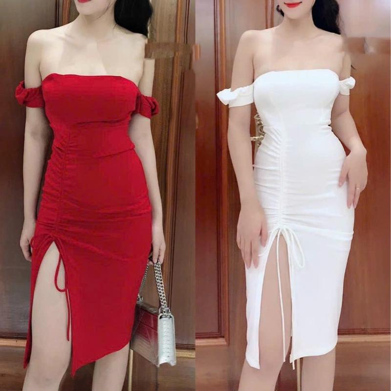 Đầm Body Dự Tiệc 2 Dây Lệch Vai Xẻ Tà Quyến Rũ - Chất Thun Cotton Mềm Mịn, Co Giãn Tốt - Đen Trắng Vàng 0