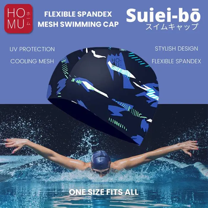 HOMU SUIEIBO Topi Renang Swimming Cap Flexible Mesh Spandex Navy Blue Corak non Silikon Anak dan Dewasa II IdolaMart91
