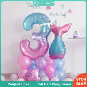 32 Pcs Buket Nomor Merah Balon Foil Angka Berbintang Gradien Untuk Dekorasi Pesta Ulang Tahun Putri Duyung Di Bawah Laut Biru