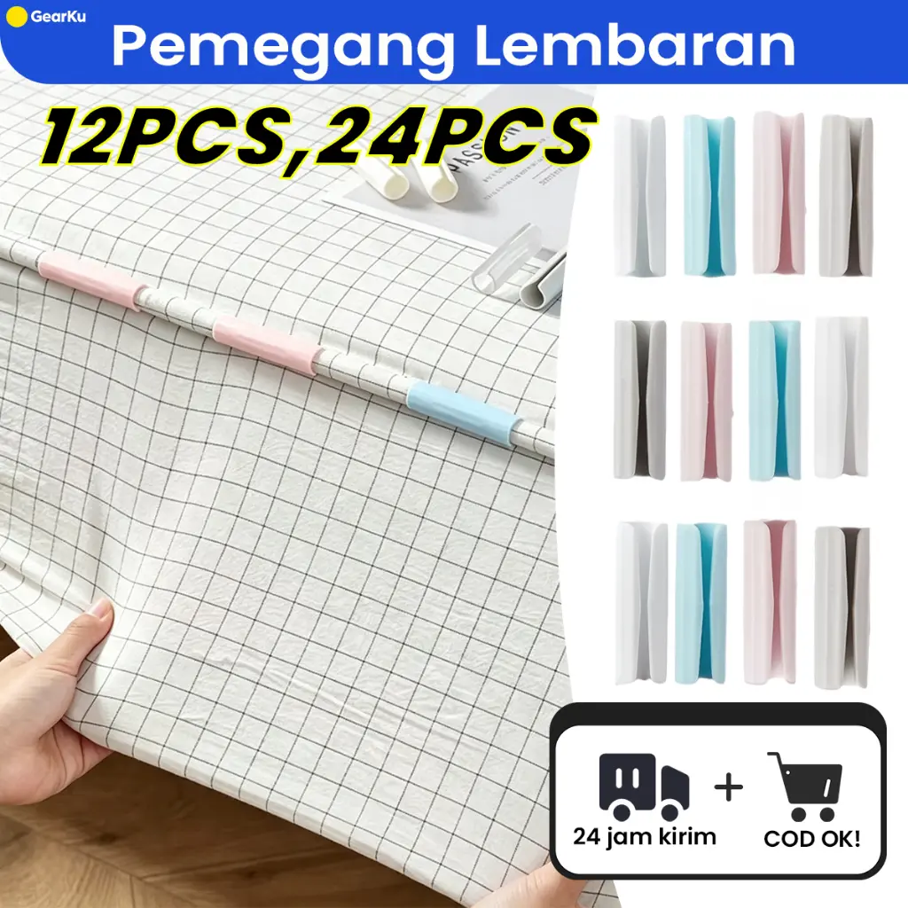 Penjepit Sprei Anti Geser 12/24 Pcs Klip Bedsheet Y Design 4 Warna Abu Biru Putih Pink Multifungsi untuk Kasur & Makanan Bed Sheet Grips Clips Plastik Kuat