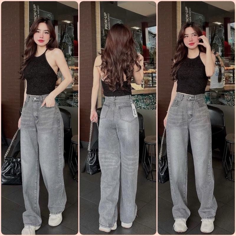 S-XXL dài 104cm Quần jeans suông - quần jeans ống rộng màu xám nhạt Wash vằn màu chất jean QC mềm không giản. Lưng Cao - tôn dáng 5723