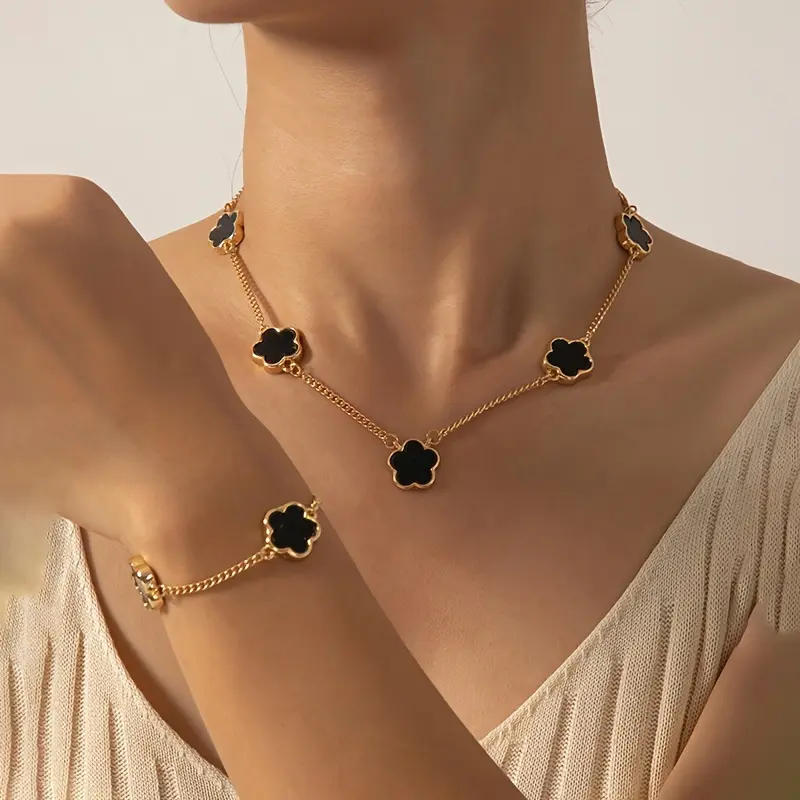4pcs Necklace Plus Bracelet Coquette Style Jewelry Set Trendy Lucky Flower Design Match Daily Outfits Sweet Birthday Gift For Your Love