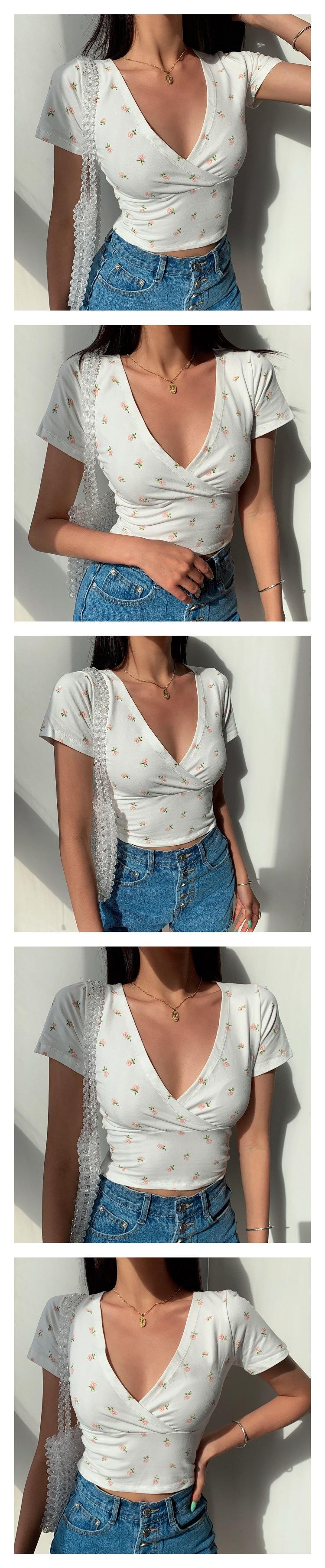 Product Introduction of Áo Thun Hoa Cổ Điển Mỹ Thiết Kế Chéo Cổ Chữ V, Dáng Ôm, Cropped Xén, ngắn Tay Áo, Áo Cánh Nữ Top Shirt Women 4