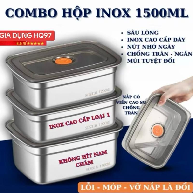 COMBO 5 - 3 Hộp khay Inox loại 1500ml có nắp kín nước hộp inox đựng đồ để tủ lạnh ngăn mùi kích thước 19cm x 8.5 cm x 13.8 cm