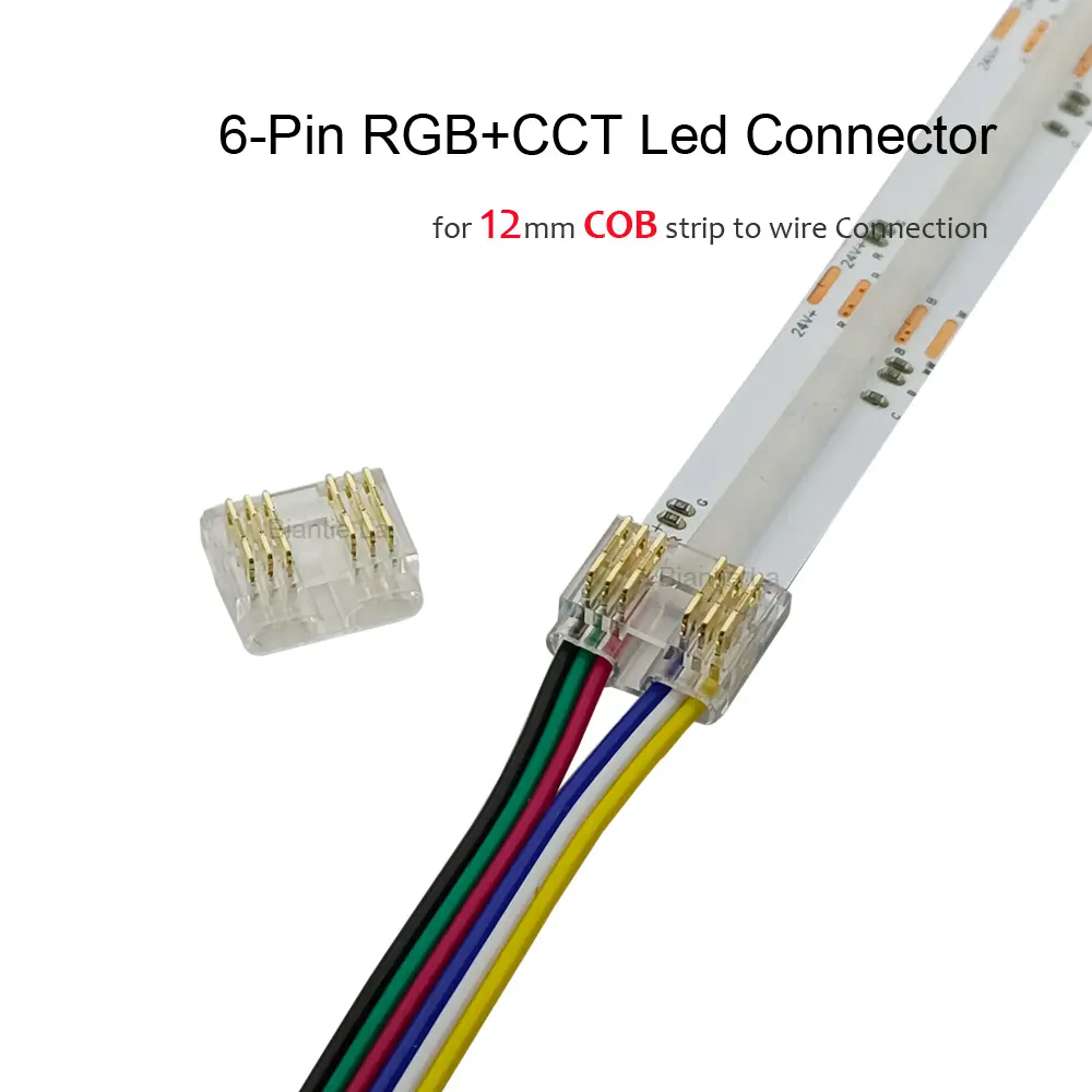 RGBWW LED Strip Light Connectors 6-Pin 12mm Solderless Clips for COB Tape Strip-to-Wire Joints