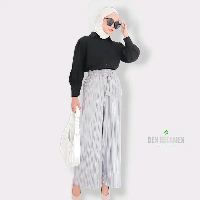 Celana Kulot Wanita Plisket Premium bahan Cosebho crepe Import anti kusut bahan Katun tebal Halus pinggang karet 5