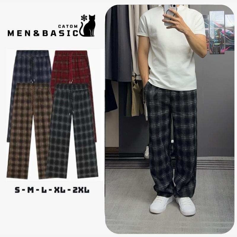 Quần Sọc Caro Ống Rộng Nam Nữ MEN&BASIC Vải Dạ Nhung Dầy Dặn, Cá Tính Thời Trang Menswear Loang