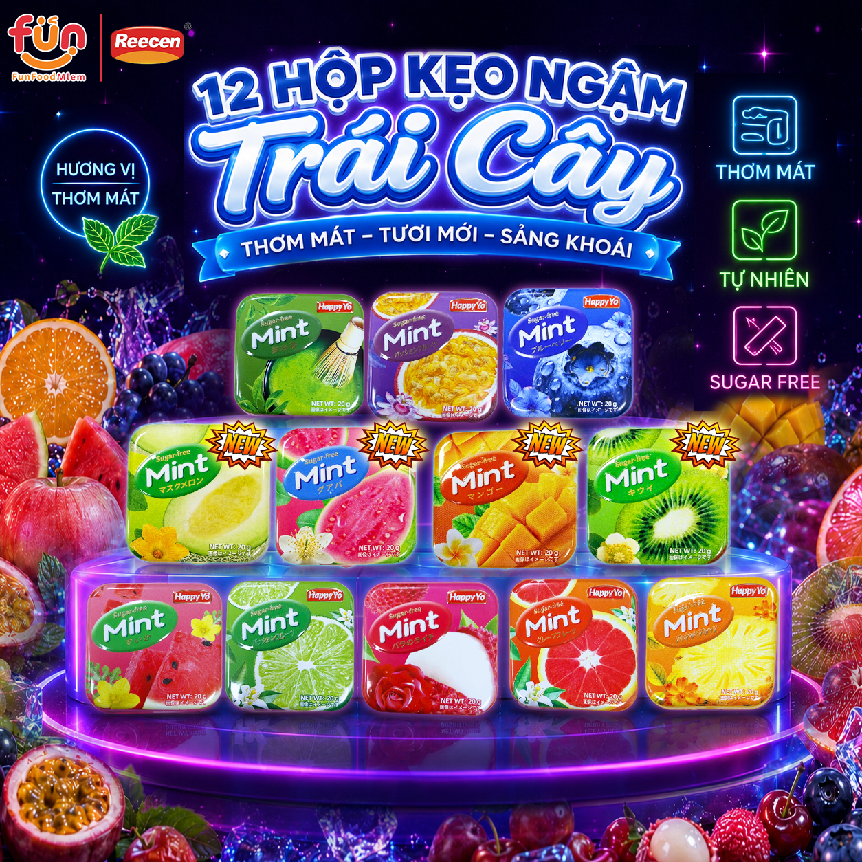 [REECEN] Kẹo Trái Cây 16g Kẹo Ngậm Không Đường 12 Loại Hương