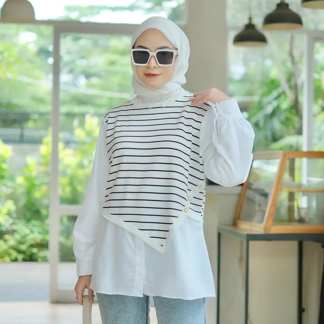 Baju Atasan Blouse Wanita Panjang Babyterry kombi Katun Motif Stripe Salur