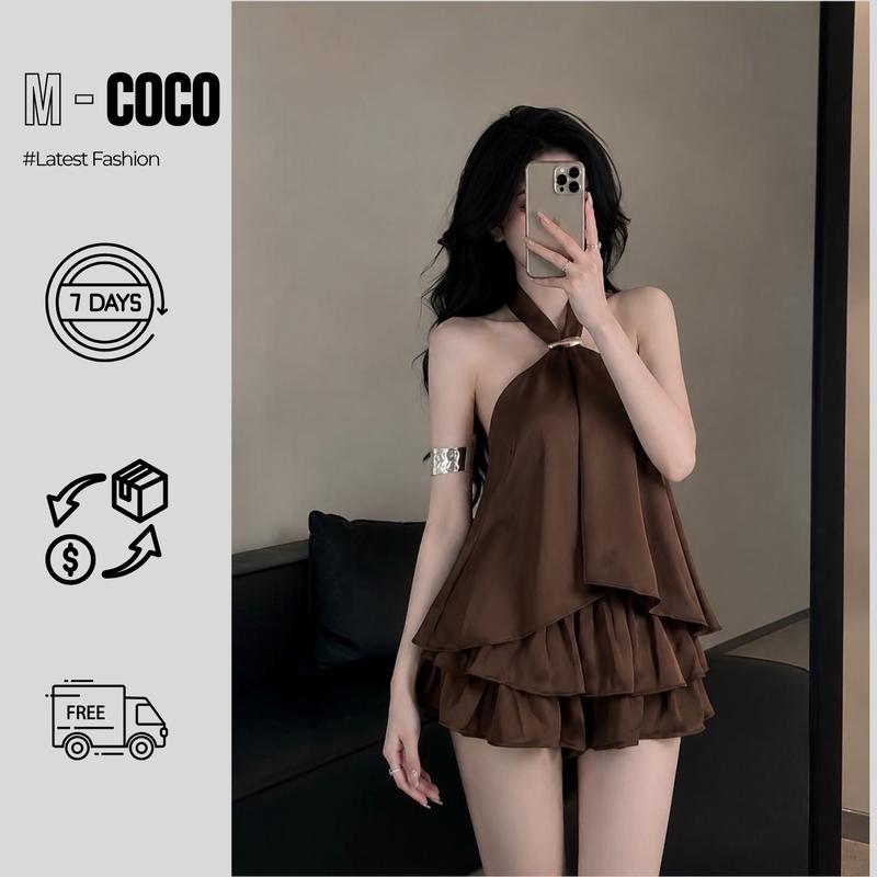 [TẶNG TAG CÀI ÁO] Set Váy Lụa Cổ Yếm Chân Váy Xếp Tầng Cao Cấp – Đầm Short Lụa Suông Tiểu Thư Sang Chảnh, Mặc Đi Chơi, Cafe, Du Lịch
