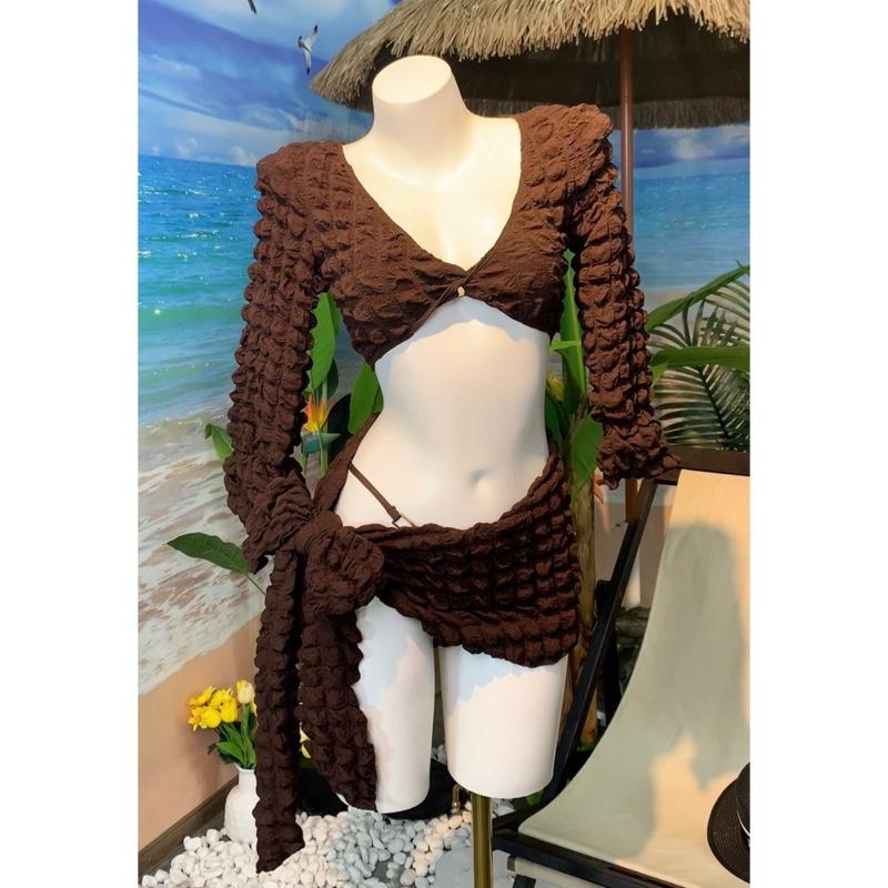 Bi33 Bộ đồ bơi 4  món màu nâu vải xốp cao cấp Nữ Nhung Áo bikini