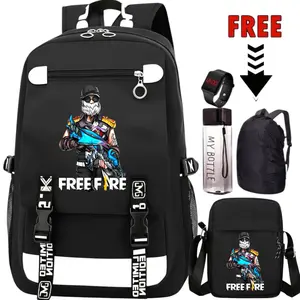 Tas Ransel Sekolah TerBaru Anak Laki-Laki Sd Smp Karater FREE RIRE 0134 Fashion Motif Free Bonus Jam Tangan, Botlle Minuman, Cover Anti Air.