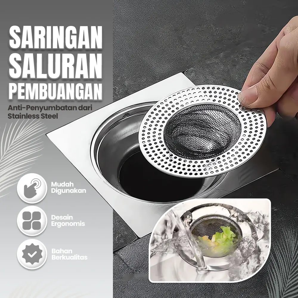 Saringan pembuangan lantai baja tahan karat berbentuk persegi, alat anti-penyumbatan rambut pada saluran pembuangan kamar mandi, penutup universal bulat.