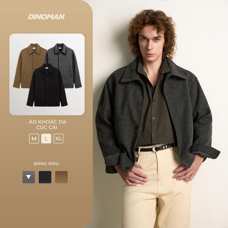 Áo Khoác Dạ Nam DINOMAN Cúc Bấm Form Crop Nhẹ Dạ Ép 530gsm Dày Dặn Đứng Form - AK018