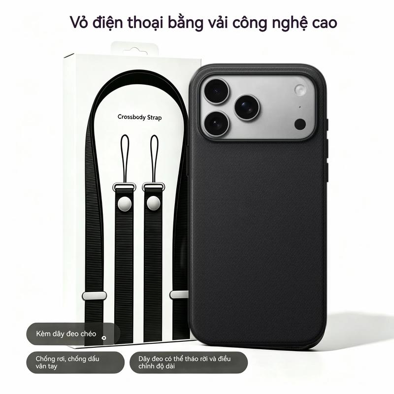 Ốp lưng vải công nghệ cao nam châm MagSafe kèm dây đeo chéo điện thoại, chống rơi chống bám vân tay, bảo vệ cao cấp cho iP 17 Pro Max/16/15/14/13 Pro, 17 Air