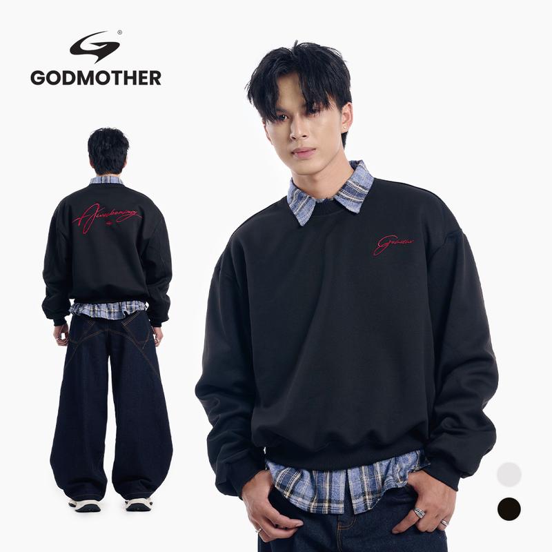 Áo Sweater Boxy Nỉ 2 Da Cổ Tròn Unisex GODMOTHER 2025