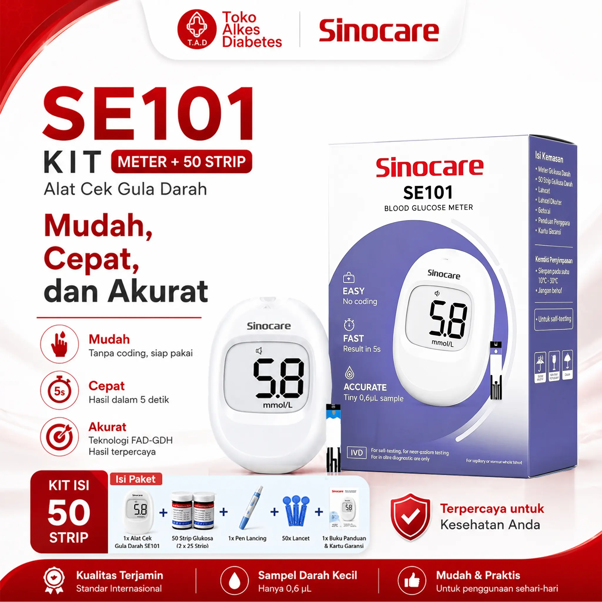 [BARU] Alat Cek Gula Darah Sinocare SE101 + 50 Strip Paket Hemat Murah Akurat Untuk Pemantauan Harian