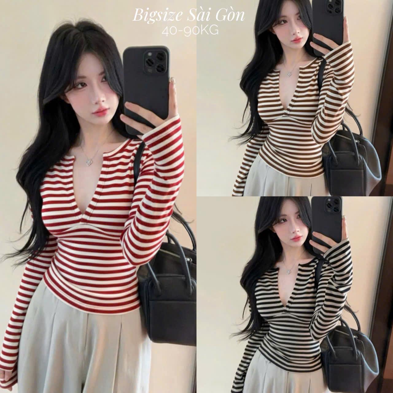 Bigsize Sài Gòn Áo Thun Nữ Tay Dài Phối Cổ V Thời Trang Thu Đông Vải Sọc Rip Cao Cấp Thanh Lịch Bigsize 45–85kg Dễ Thương Nữ Women Top Nhung - B.1726