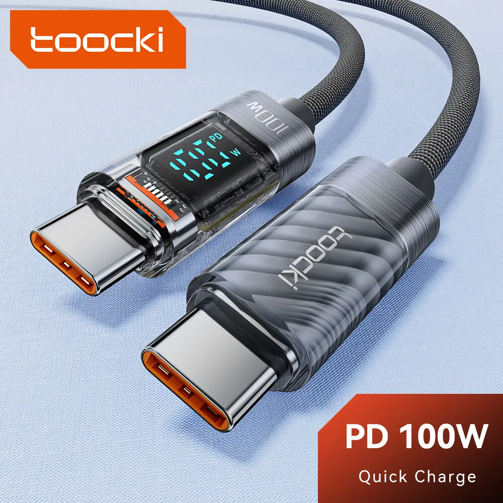 Toocki 100W Transparent USB C To Type C Cable PD Fast Charge USB C to USB C Display Cable For Macbook Xiaomi Samsung Poco Realme
