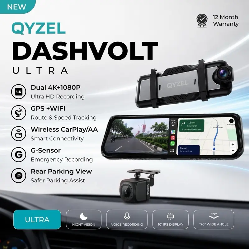 QYZEL Dashvolt Ultra Smart Mirror Dashcam 4K Wireless CarPlay & Android Auto GPS WiFi 10" IPS Display
