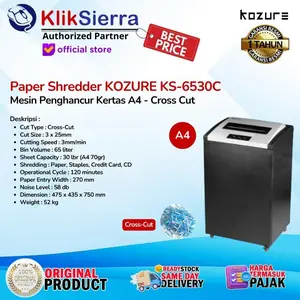 Paper Shredder KOZURE KS-6530C | KS6530C | KS6530 | KS-6530 Cross Cut 3x25mm, 30 Lembar, Tong Besar 65 Liter - KS-6535S | KS6535S | KS6535 | KS-6535 Strip Cut 4mm - Garansi Resmi