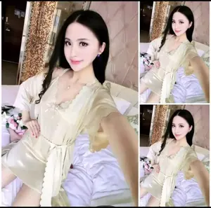 Tricot Lingerie sexy 2in1 Size L & XXL Satin Import dress wanita Gold