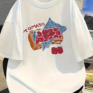 女性用半袖Tシャツ、小柿キャラクタープリントラウンドネック、ゆったり、純綿カジュアルトップス、ラウンドネック、ショルダーストラップ、ゆったりシルエット、通気性、肩落ちデザインプリントTシャツ夏のゆったりタイプ