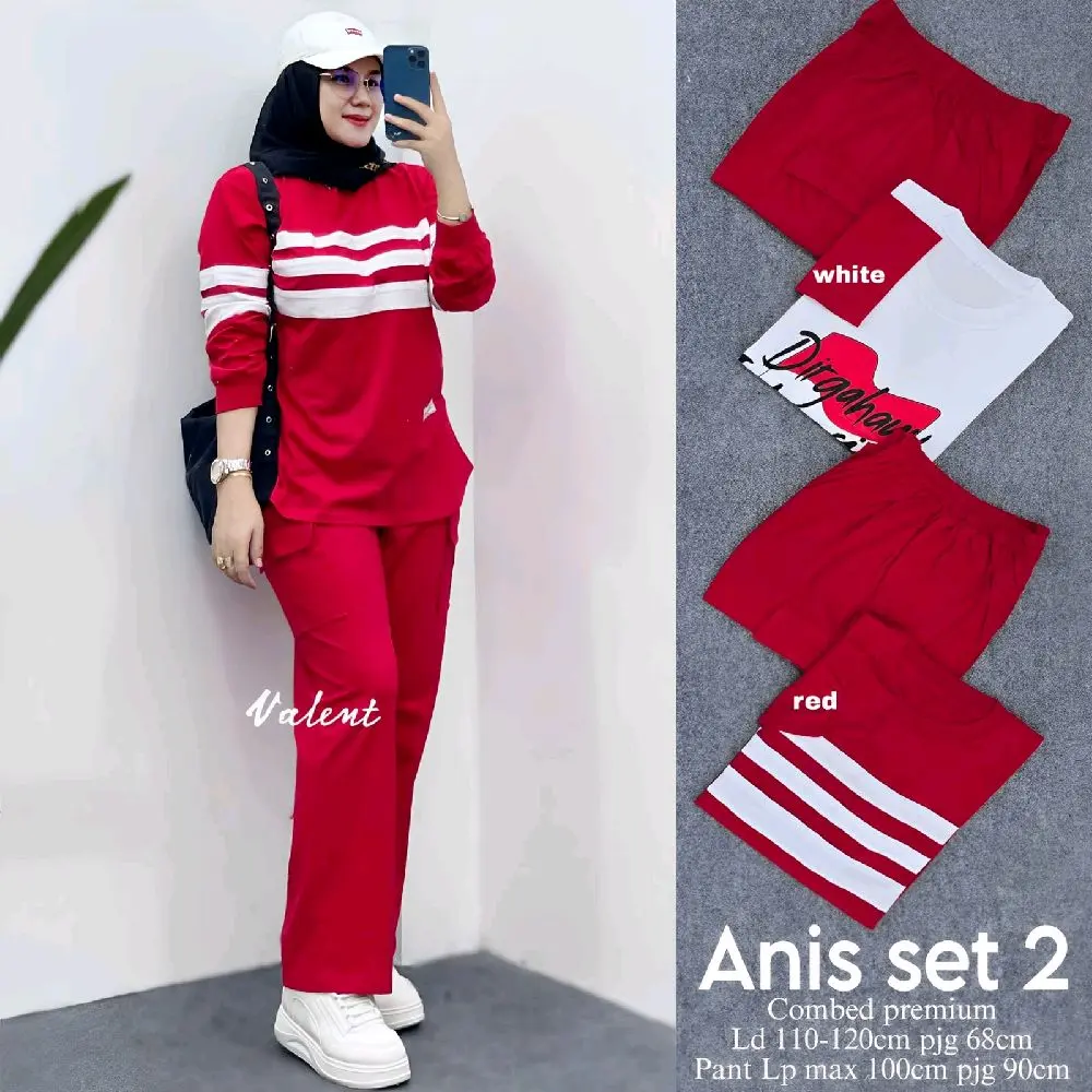 Vindra dan Anis Set Baju Olahraga Muslim Wanita Setelan Celana Dan Baju Panjang Sport Dewasa Baju Merah Putih Baju Kemerdekaan Baju Dirgahayu