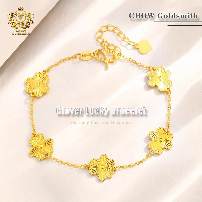 【Chow Gold Smith】Streaky Clover Bracelet 999 Gold Bracelet Three-leaf Clover Gold Pendant Plating Gold Necklace