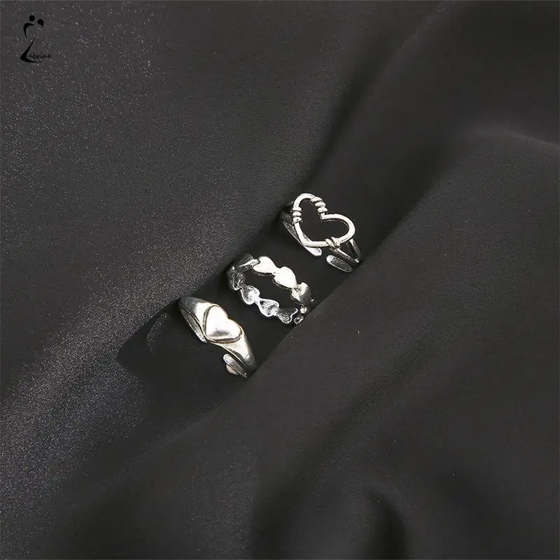 【lingerly】3pcs Cincin Model Terbuka Desain Gelombang Hati Warna Silver Gaya Vintage Untuk Wanita Z 2