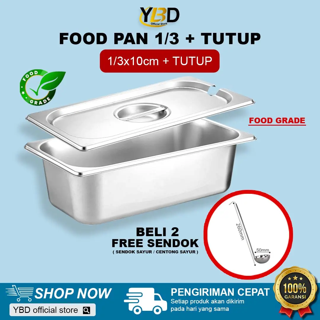 Wadah makanan | Food Pan Stainless + Tutup lubang 1/3 x 10 cm (32,5 x 17,6 x 10cm)| Panci prasmanan Stainless steel anti karat | wadah makanan stainless Kitchenware