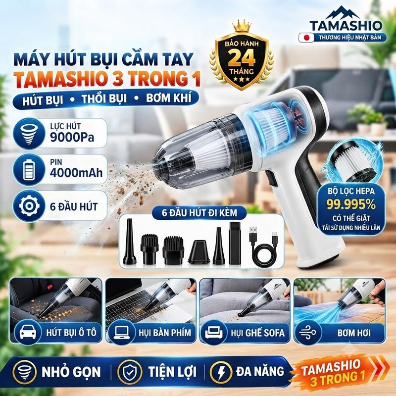 Máy Hút Bụi Cầm Tay Không Dây Tamashio 3 Trong 1 (Hút - Thổi - Bơm), Lực Hút Khỏe 9000Pa, Máy Hút Bụi Ô Tô Mini Tiện Lợi Kèm 6 Đầu Thay Thế