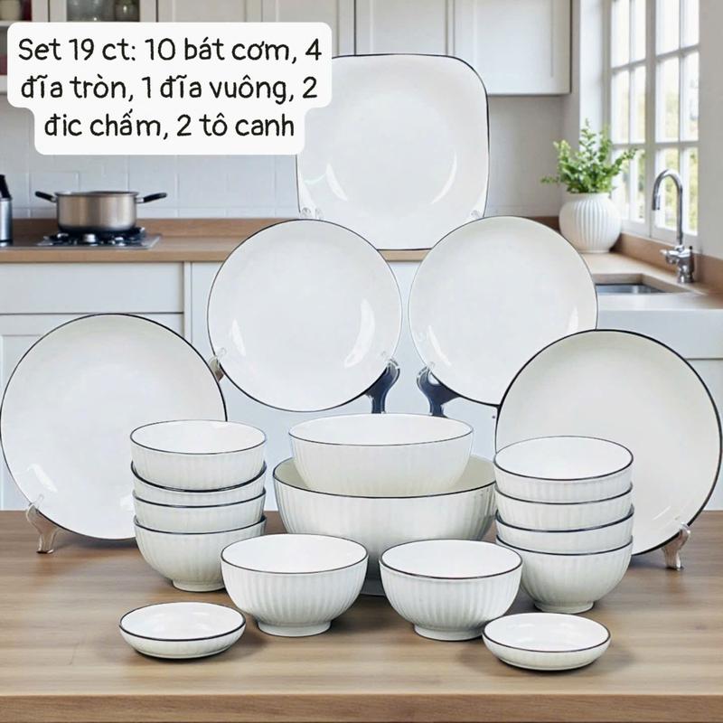 Bộ bát đĩa gốm sứ cao cấp trắng viền đen - Phù hợp với mọi gia đình, sang trọng…