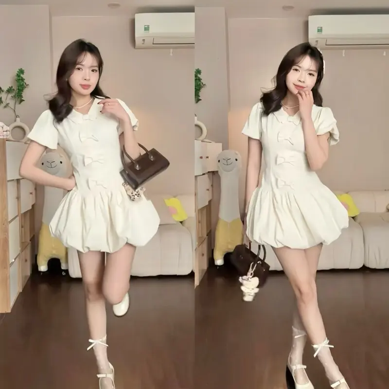 Váy bồng xoè dáng bí thường mặc dáng ngắn đính nơ tay bồng kèm quần bảo hộ dilyshop - V89 | BigBuy360 - bigbuy360.vn