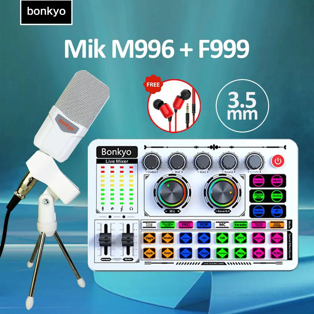 Bonkyo F999 + M996 sound card white set dengan pemantauan peralatan audio set lengkap mikrofon sound card TIKTOK bernyanyi ponsel mixer khusus rekaman lagu K profesional[COD]