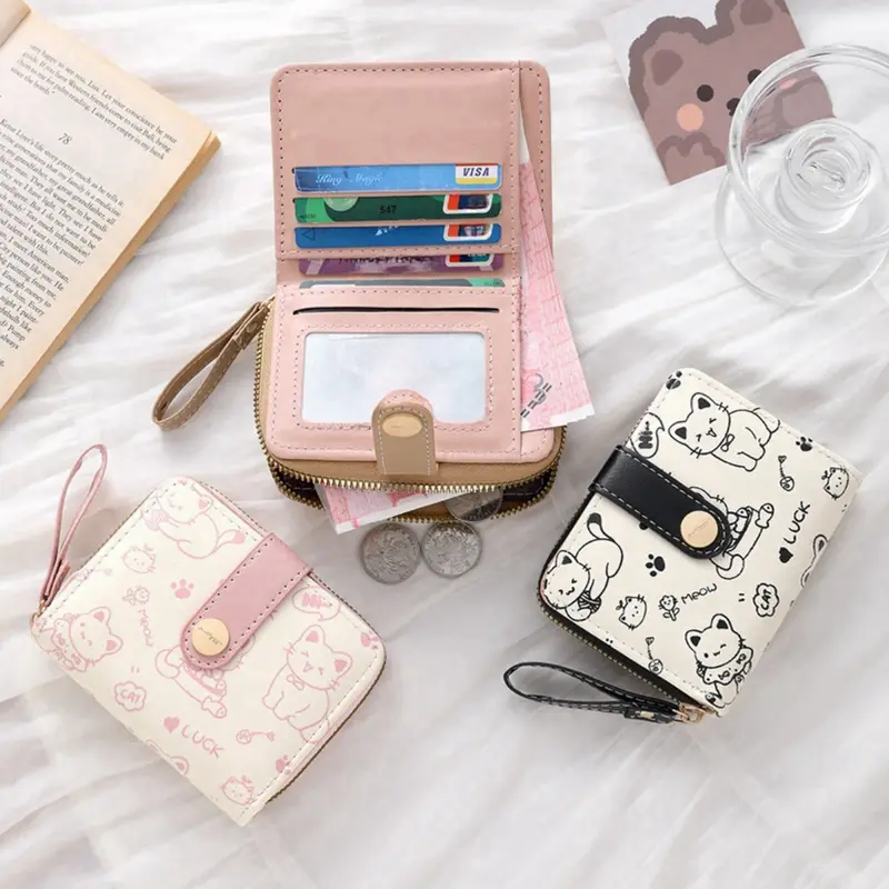 Dompet wanita resleting karakter cat kucing kartun Dompet pendek kancing bahan kulit PU import jepang estetik Dompet lipat untuk kartu koin uang fashion Wallet leather double fold cantik korean style terbaru anti air Kado hadiah gift 6