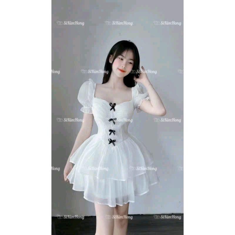 Đầm công chúa chất vải tơ nến đính nơ tay ngắn dáng xoè hai tầng thời trang cho nàng đi tiệc đi chơi