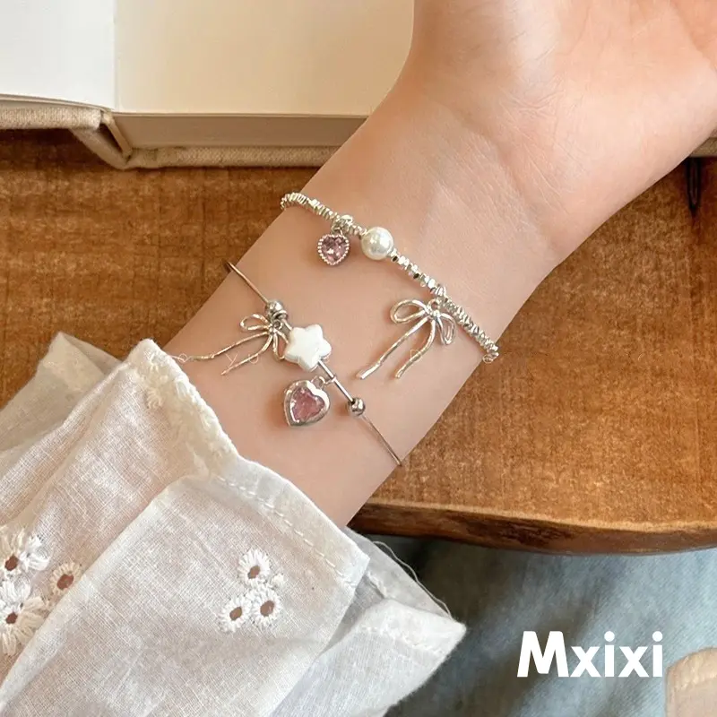 [Mxixi] Gelang Perak Patah Hati Pink Pita Bintang Mutiara Putih Perak Untuk Wanita Z383