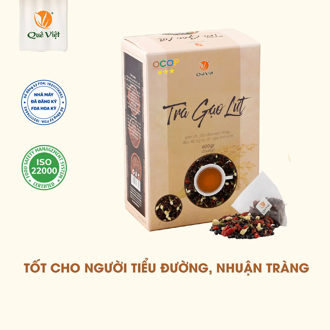 Trà gạo lứt Quê Việt - hộp 600gr (20gói x 30g) Nước Trà Tea Chè
