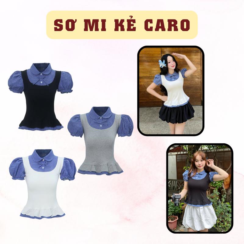 SAIGONESE Áo Thun Phối Sơ Mi Tay Phông Hoạ Tiết Caro Thun Cotton Form Chiết Eo Nữ Phong Cách Thời Trang Nữ Tính